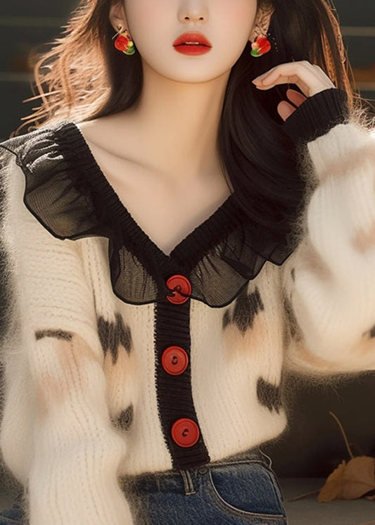 French White Ruffled Print Button Knit Cardigans Spring Tn031