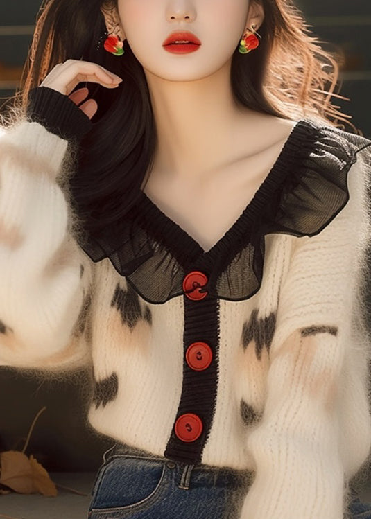 French White Ruffled Print Button Knit Cardigans Spring Tn031