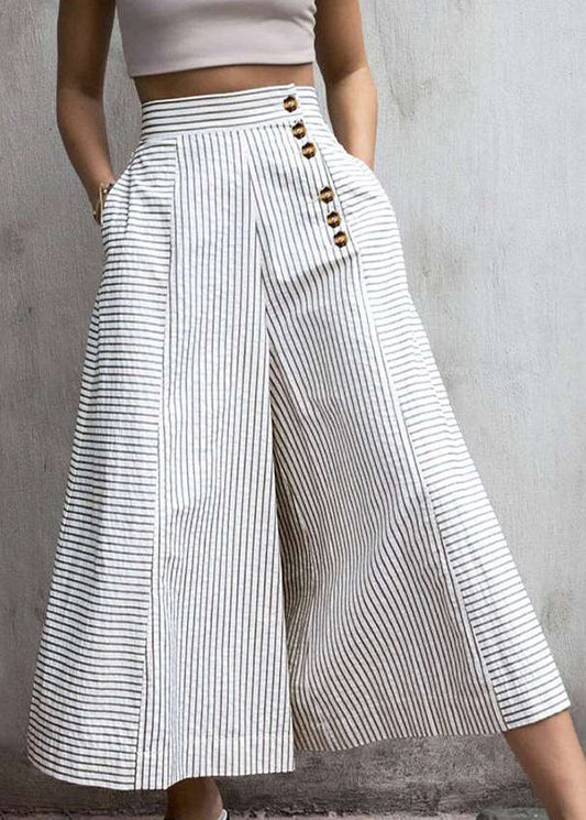 French White Striped Cotton Wide Leg Pants Spring Tl014