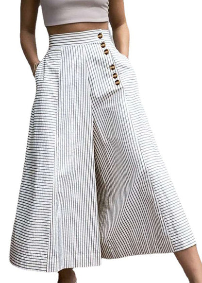 French White Striped Cotton Wide Leg Pants Spring Tl014