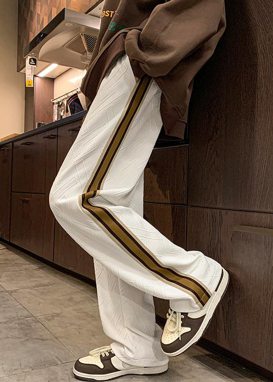 French White Striped Drawstring Cotton Pants Fall Wa051