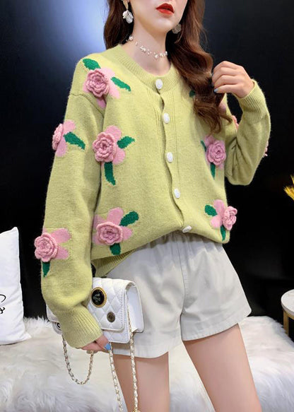 French Yellow O Neck Button Knit Loose Coat Spring Tn051