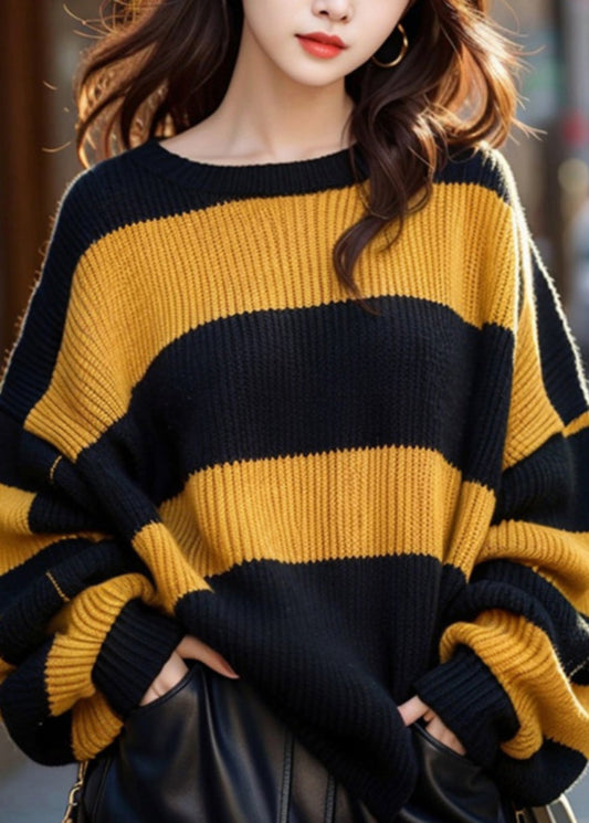 French Yellow O Neck Striped Cozy Knit Sweaters Winter Wk001