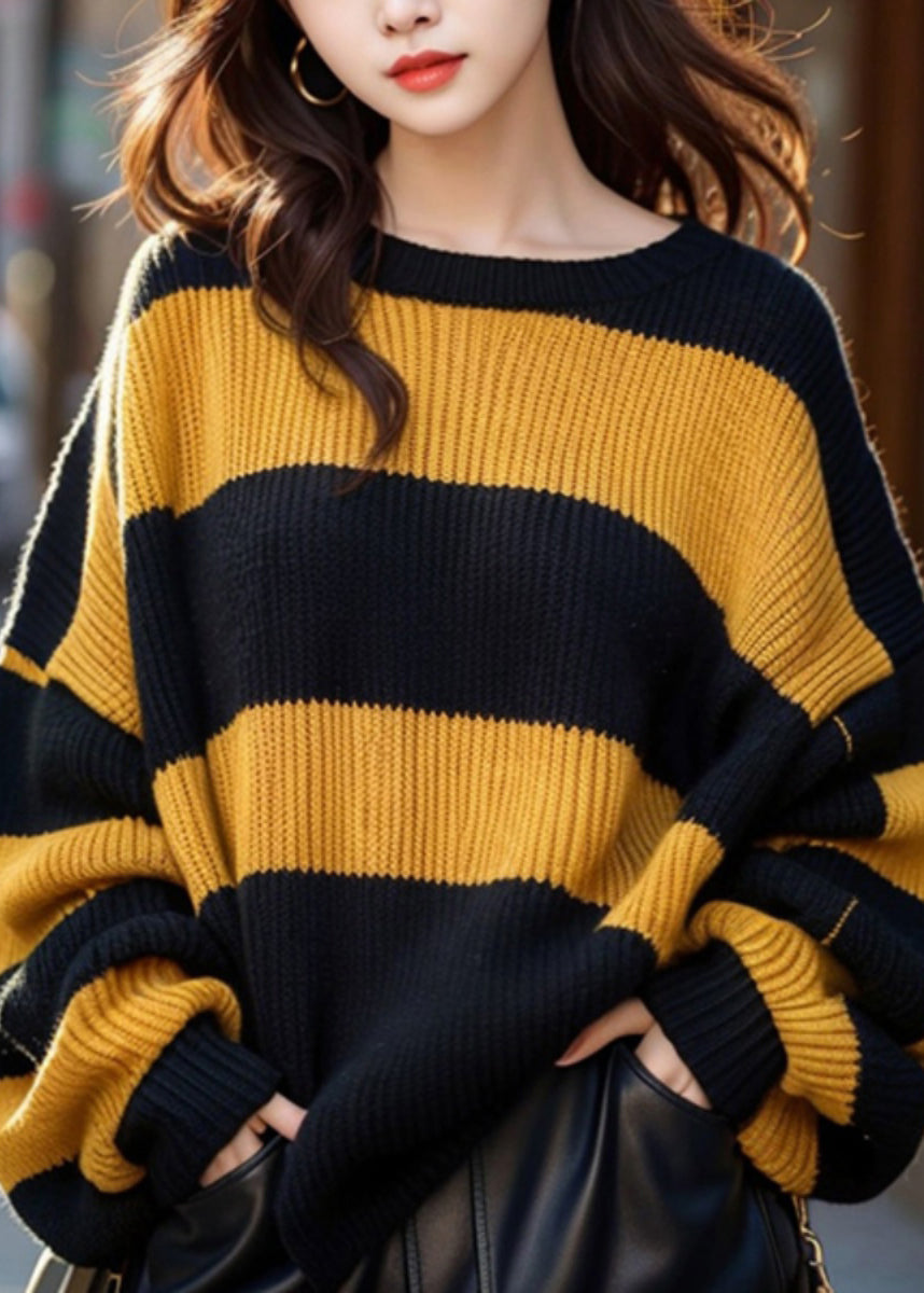 French Yellow O Neck Striped Cozy Knit Sweaters Winter Wk001