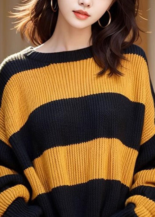 French Yellow O Neck Striped Cozy Knit Sweaters Winter Wk001