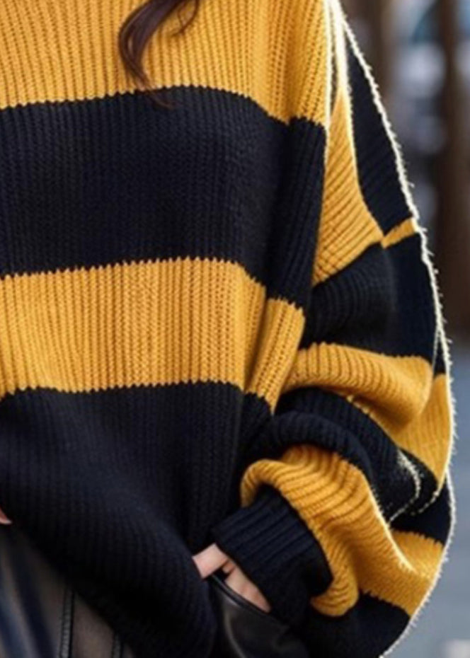 French Yellow O Neck Striped Cozy Knit Sweaters Winter Wk001
