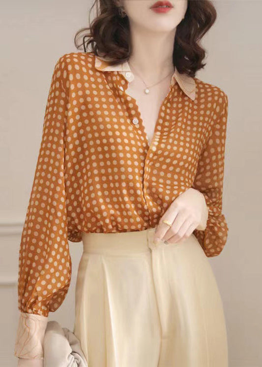 French Yellow Peter Pan Collar Dot Chiffon Blouse Spring As1032