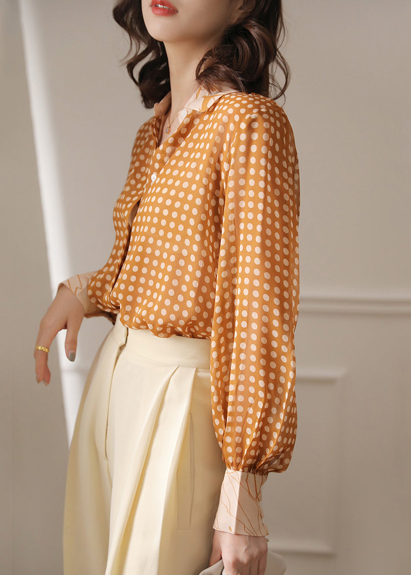French Yellow Peter Pan Collar Dot Chiffon Blouse Spring As1032
