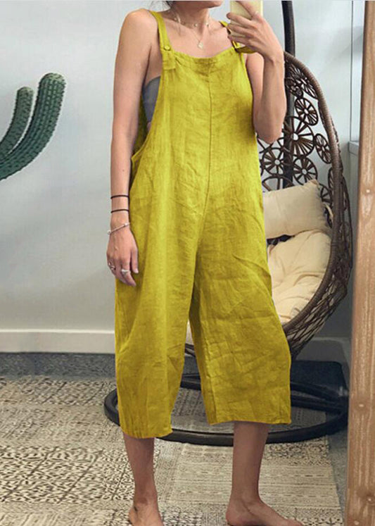 French Yellow High Waist Cotton Jumpsuits Sleeveless Ff051