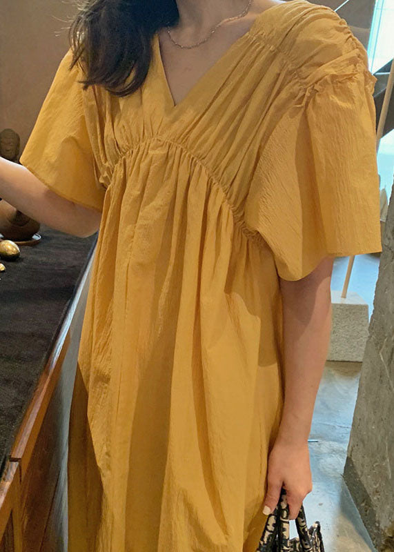 French Yellow V Neck Wrinkled Patchwork Cotton Long Dress Summer Ly1352