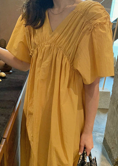 French Yellow V Neck Wrinkled Patchwork Cotton Long Dress Summer Ly1352