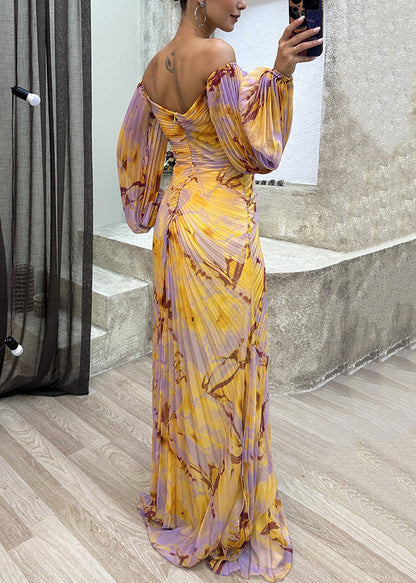 French Yellow Wrinkled Zircon Cotton Maxi Dresses Spring Ww1054