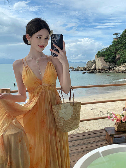 French -inspired Watercolor Maxi Dress Soft, , & Airy