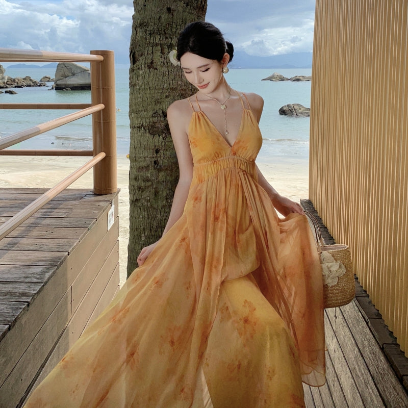 French -inspired Watercolor Maxi Dress Soft, , & Airy