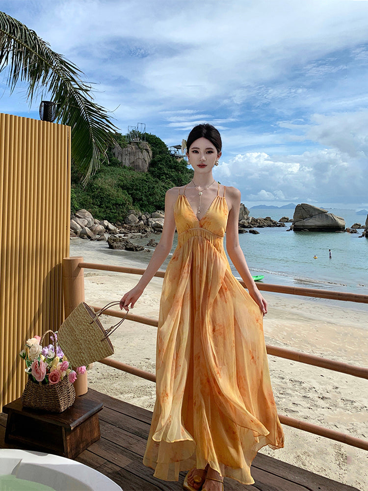French -inspired Watercolor Maxi Dress Soft, , & Airy