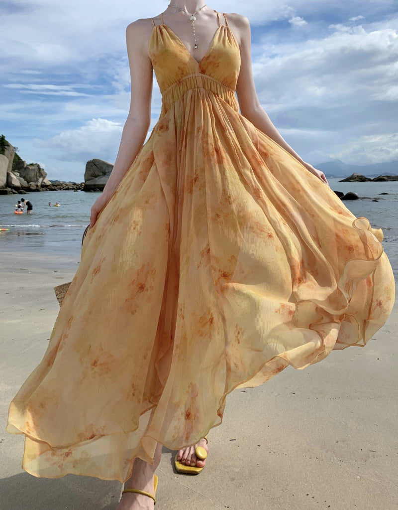 French -inspired Watercolor Maxi Dress Soft, , & Airy
