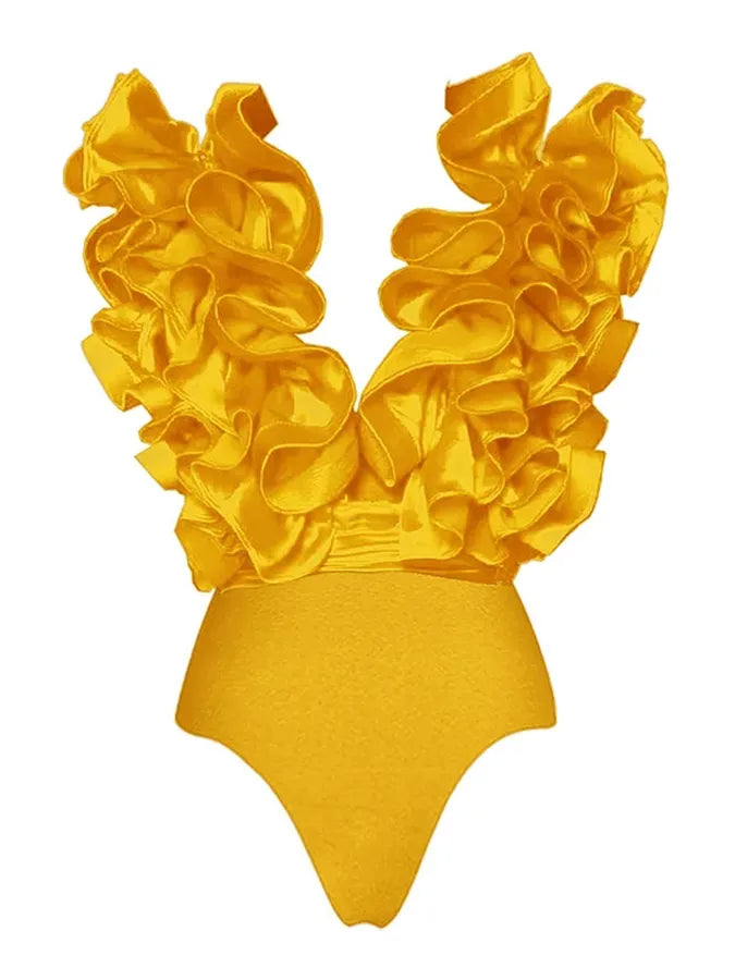 Red Flower Frilled One Shoulder Bikini Swimsuit and Skirt