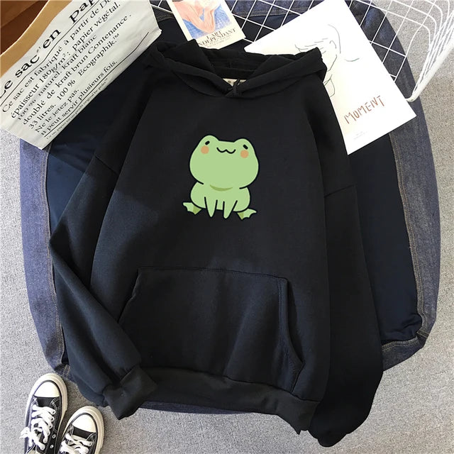 Frog Sweatshirt Cartoon Clothes Harajuku Long Sleeve Hooded Kawaii Hoodie for Winter Fleece Hoodies Pocket Green Tops