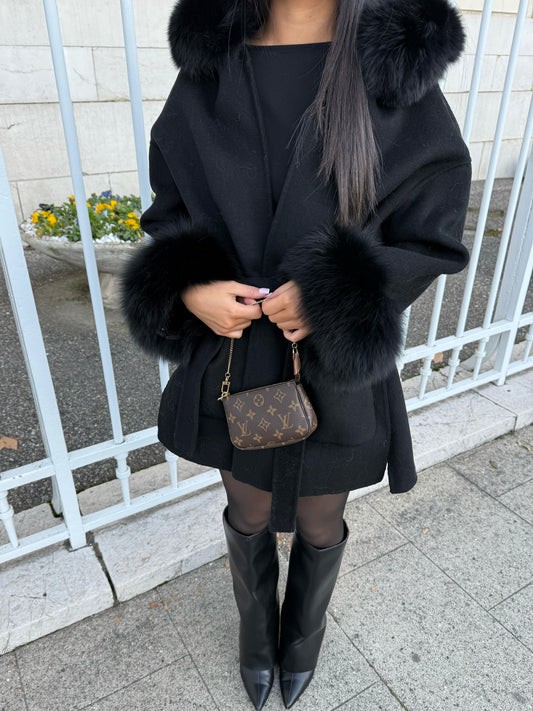 Black Wool and Fur Coat With Hood