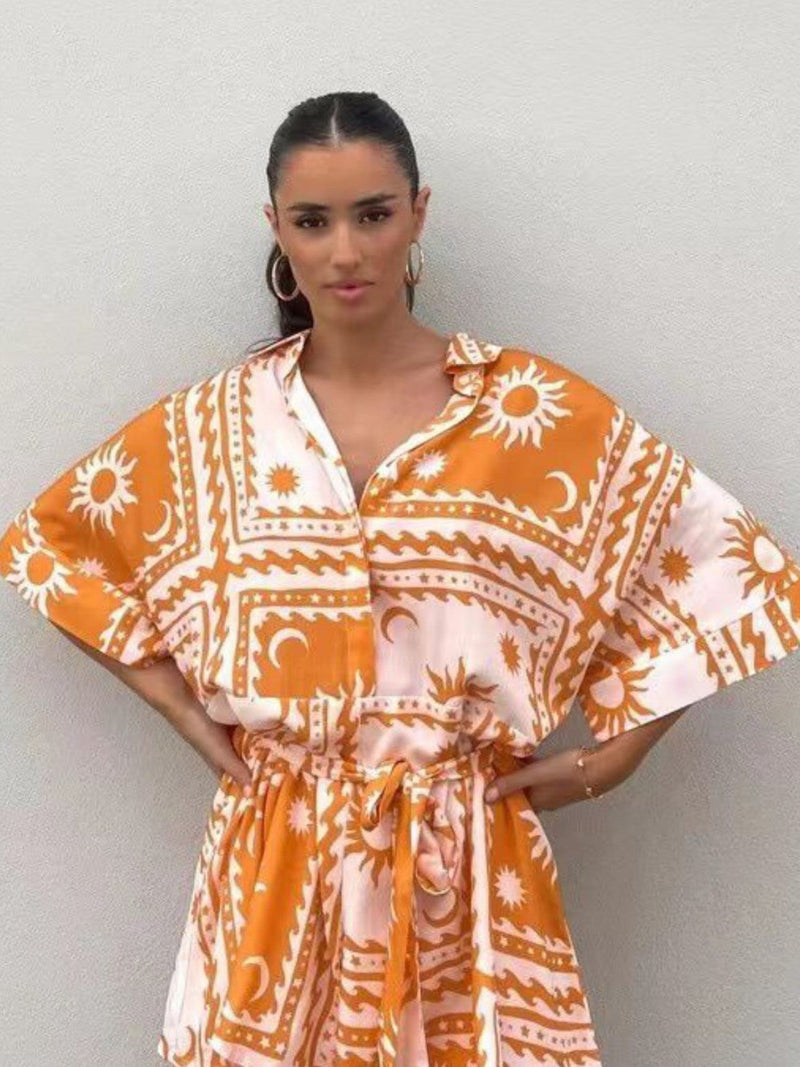 Loose Printed Summer Romper With Belt