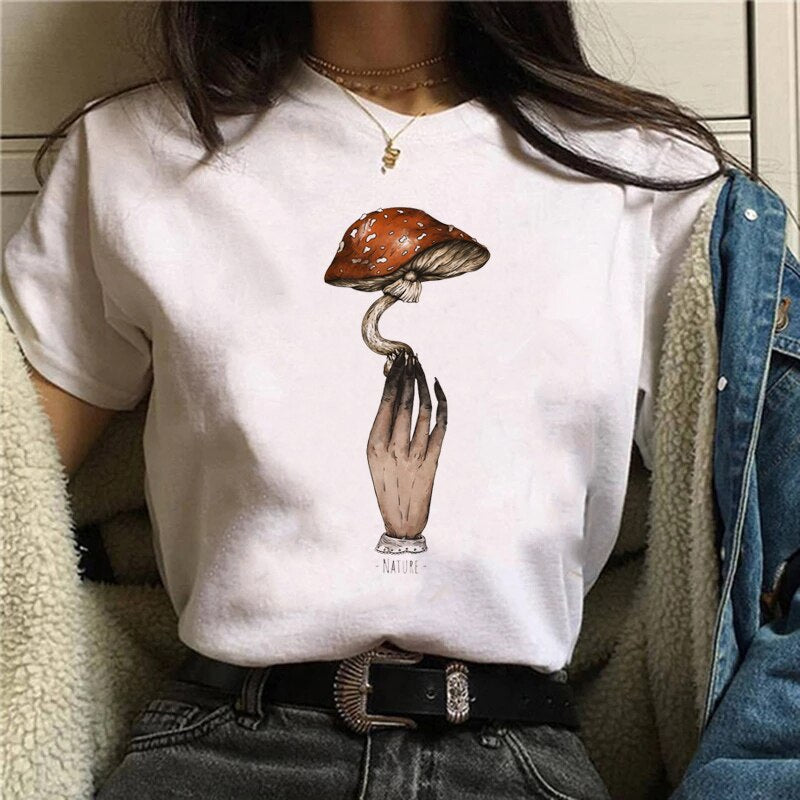 Funny Mushroom Print T-shirt Versatile Top T-shirt