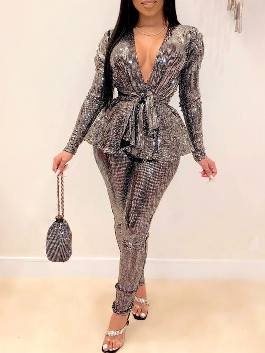 V Neck Bandage Design Rhinestone Decor Pants Set At9029