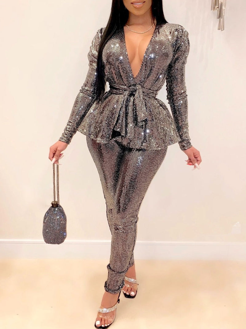 V Neck Bandage Design Rhinestone Decor Pants Set At9029