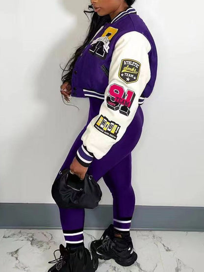 Letter Print Varsity Jacket Pants Set Ar50107