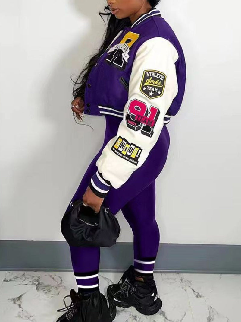 Letter Print Varsity Jacket Pants Set Ar50107