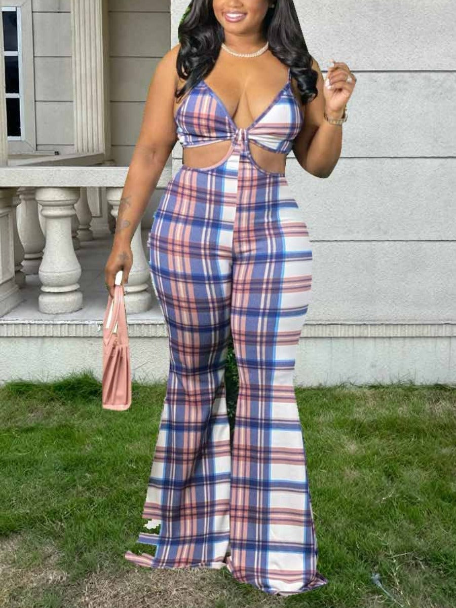 Plaid Print Backless Flared Jumpsuit At9044