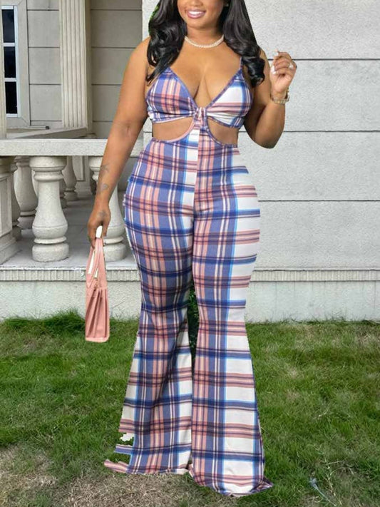 Plaid Print Backless Flared Jumpsuit At9044