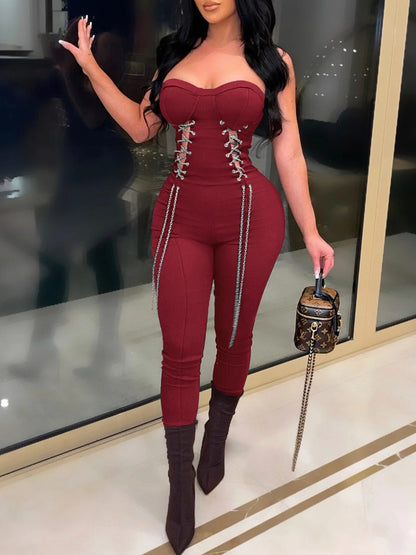 Sxy Off the Shoulder Chain Decor Cut Out Jumpsuit Ar3052
