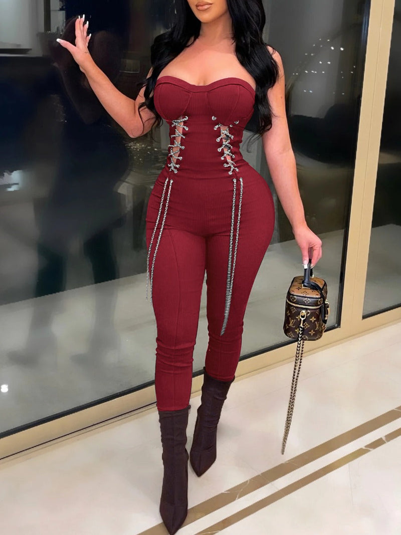 Sxy Off the Shoulder Chain Decor Cut Out Jumpsuit Ar3052