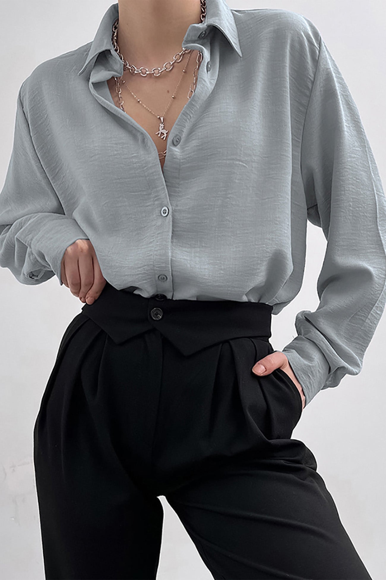 Color Lapel Long Sleeve Button-up Blouse