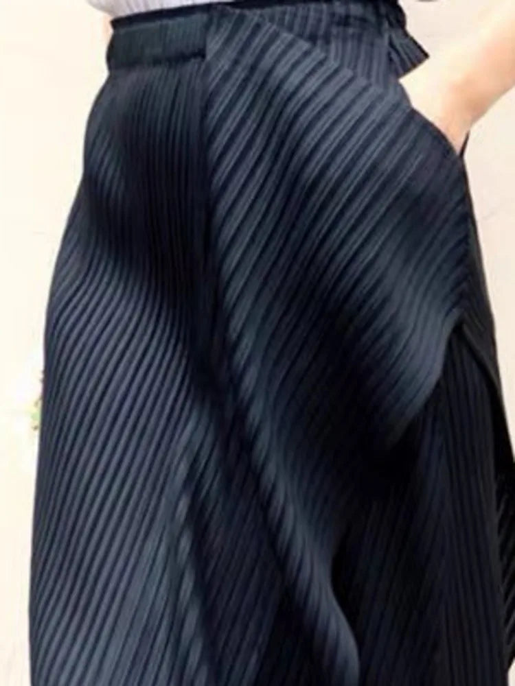 Splited Irregular Pleated Color Elastic Waist Skirt