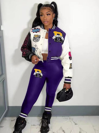 Letter Print Varsity Jacket Pants Set Ar50107