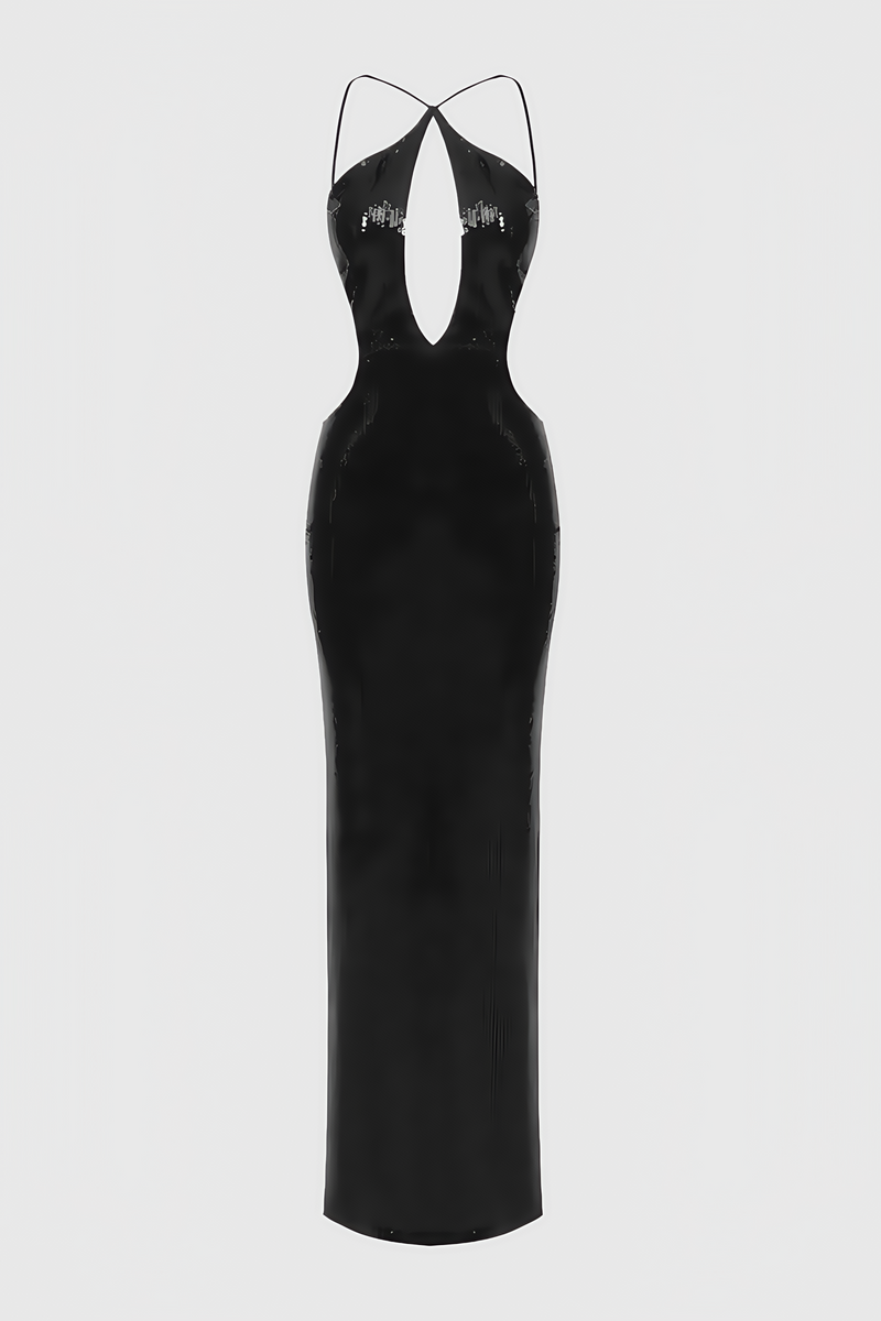 Creamy Black Cutout Sequin Maxi Dress
