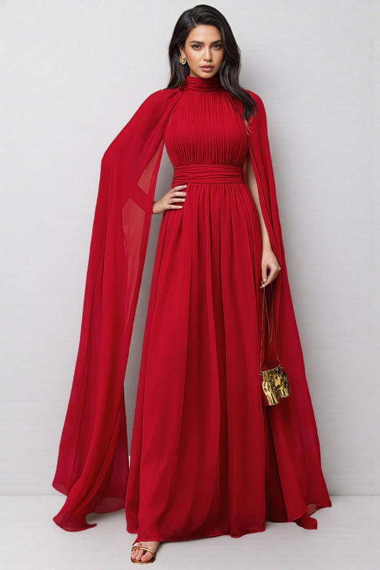 Berit Red Cape Sleeve Mesh Maxi Dress