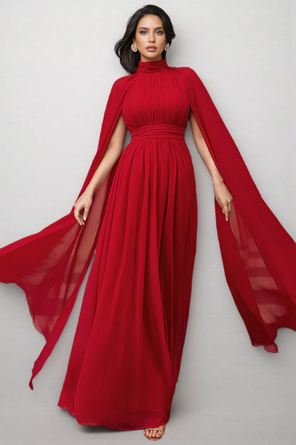Berit Red Cape Sleeve Mesh Maxi Dress