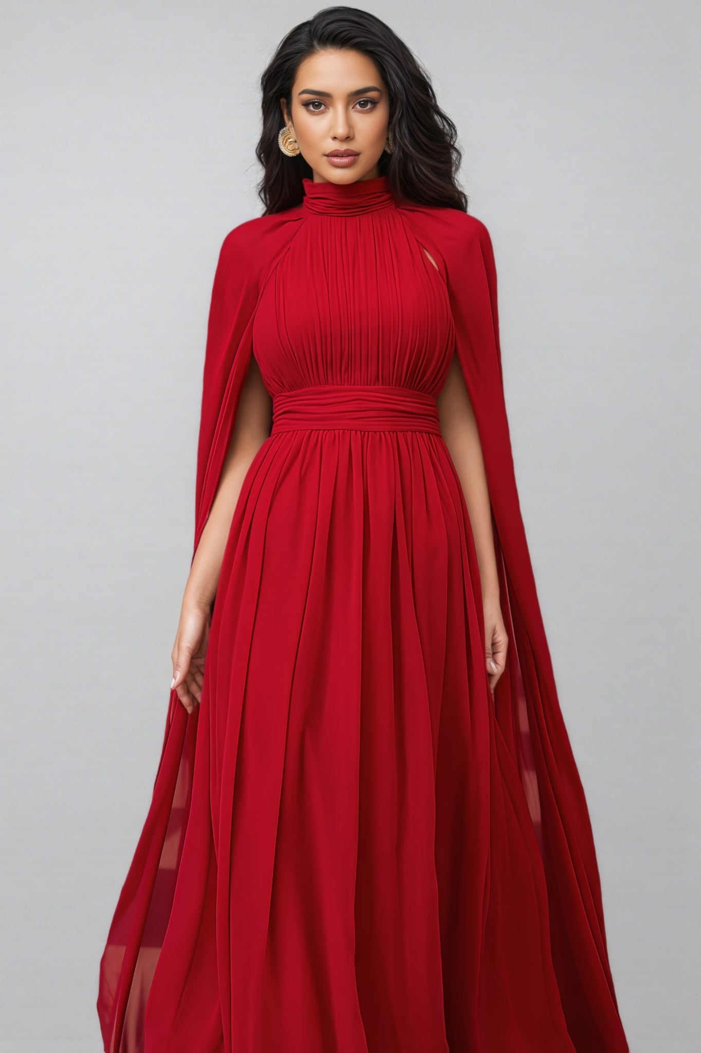 Berit Red Cape Sleeve Mesh Maxi Dress