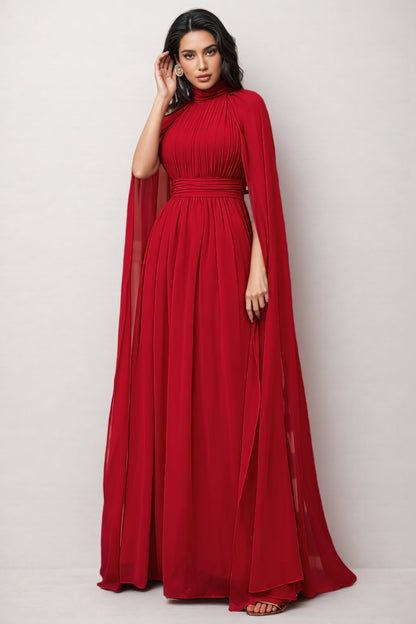 Berit Red Cape Sleeve Mesh Maxi Dress
