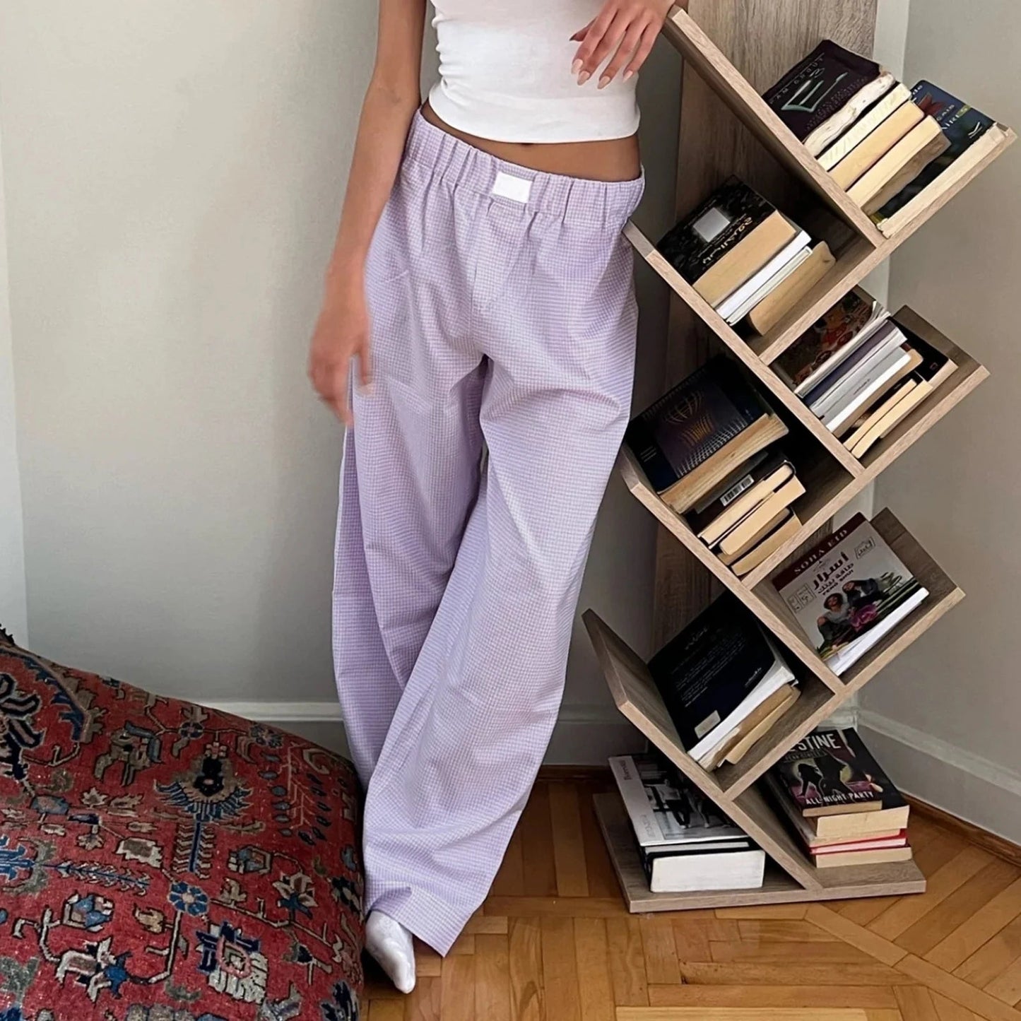Plaid High Waist Straight Wide Leg Pajama Pant