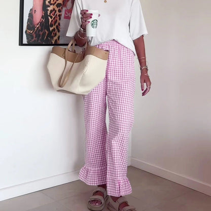 Plaid Flared Gingham Long Elastic Waist Fit Pant