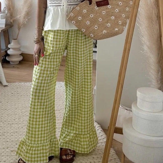 Plaid Flared Gingham Long Elastic Waist Fit Pant