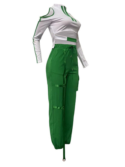Cut Out Drawstring Side Pocket Pants Set Bo5054