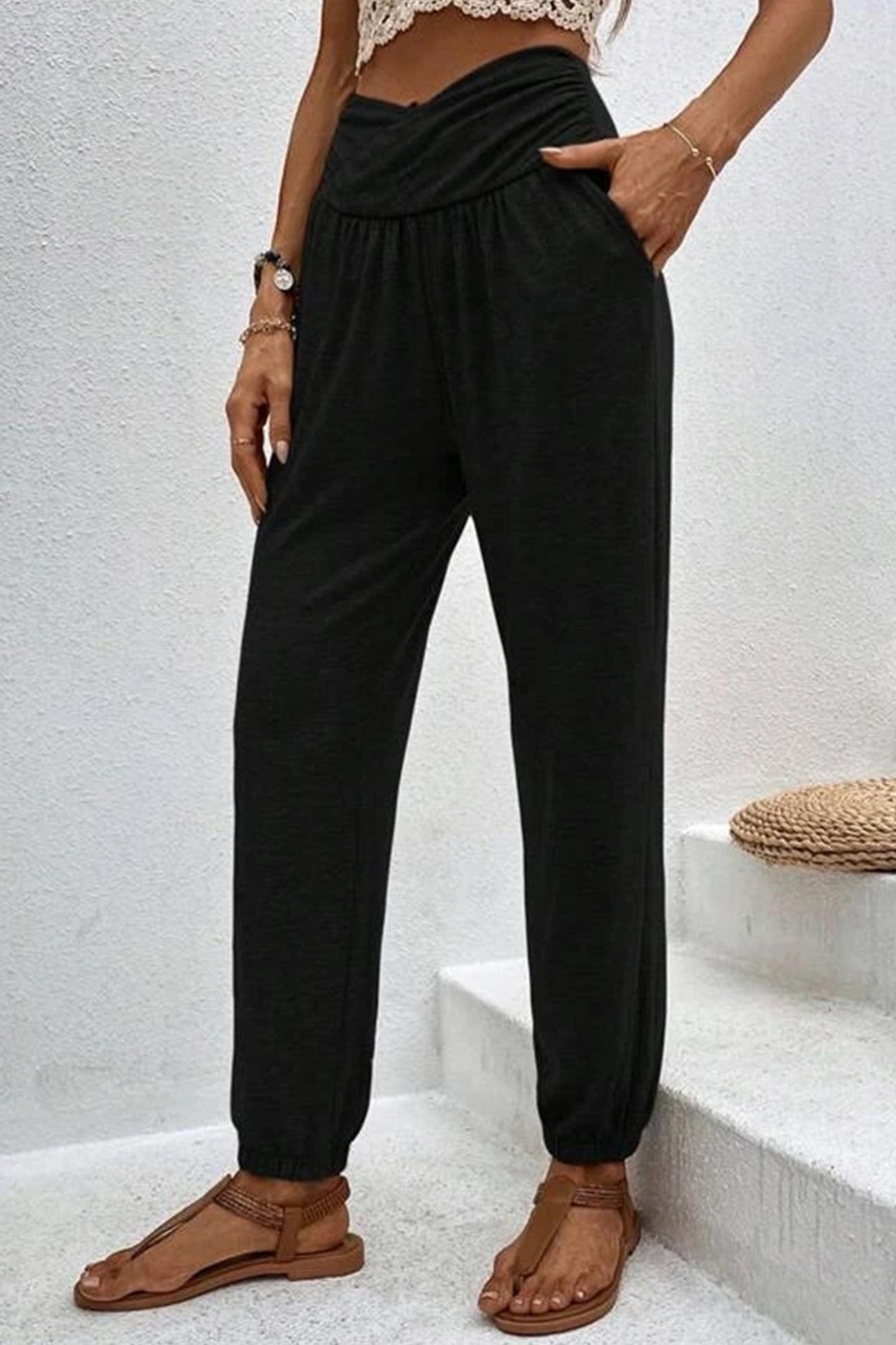 Gathered High Waist Long Pants