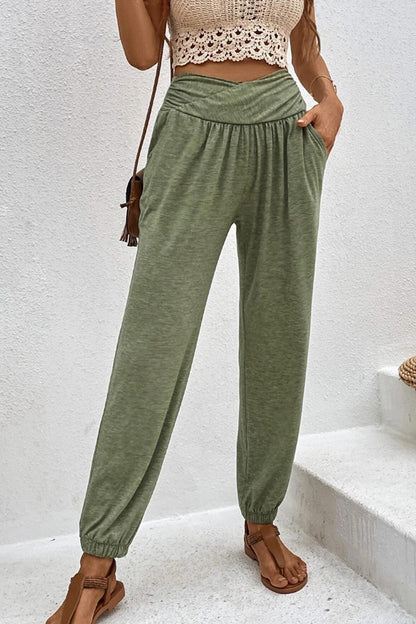 Gathered High Waist Long Pants