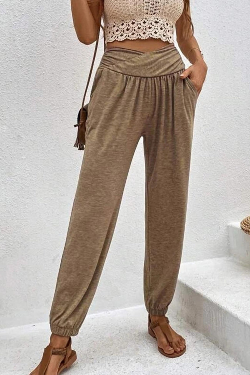 Gathered High Waist Long Pants