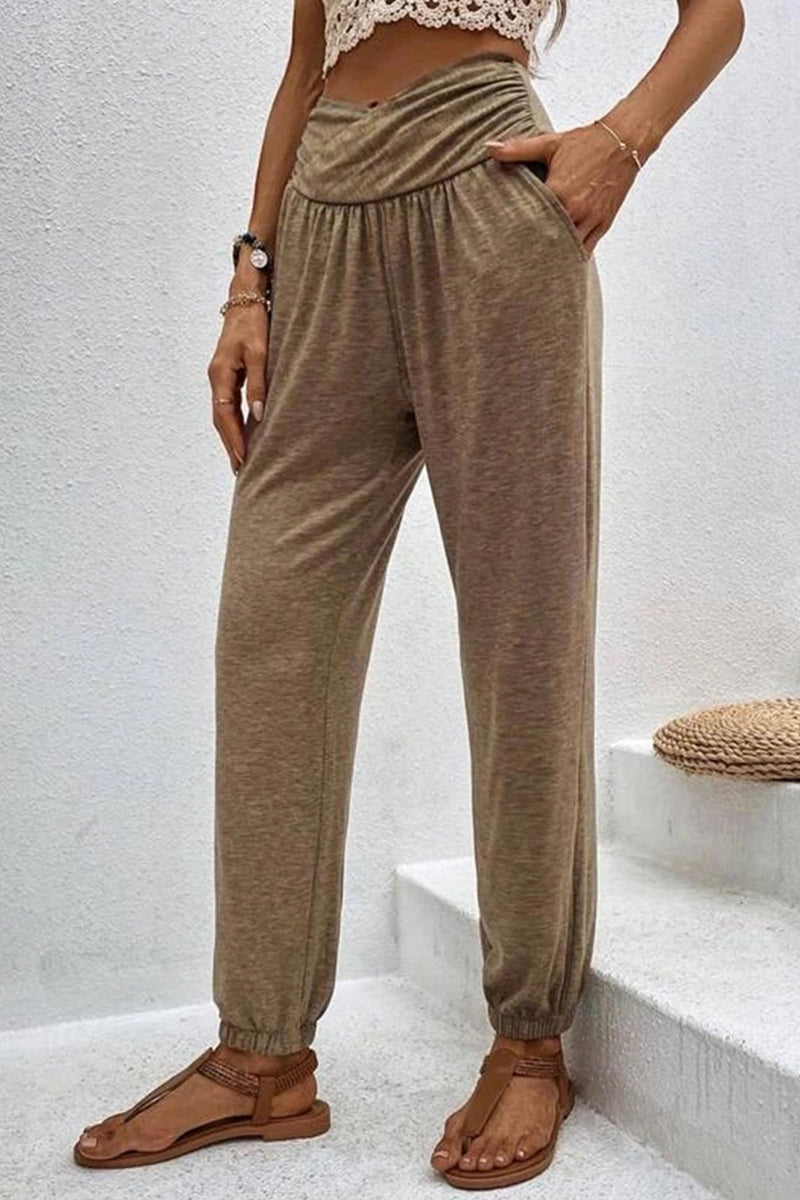 Gathered High Waist Long Pants