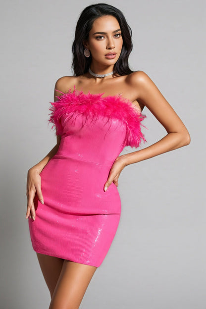 Oricalk Pink Feather Mini Dress